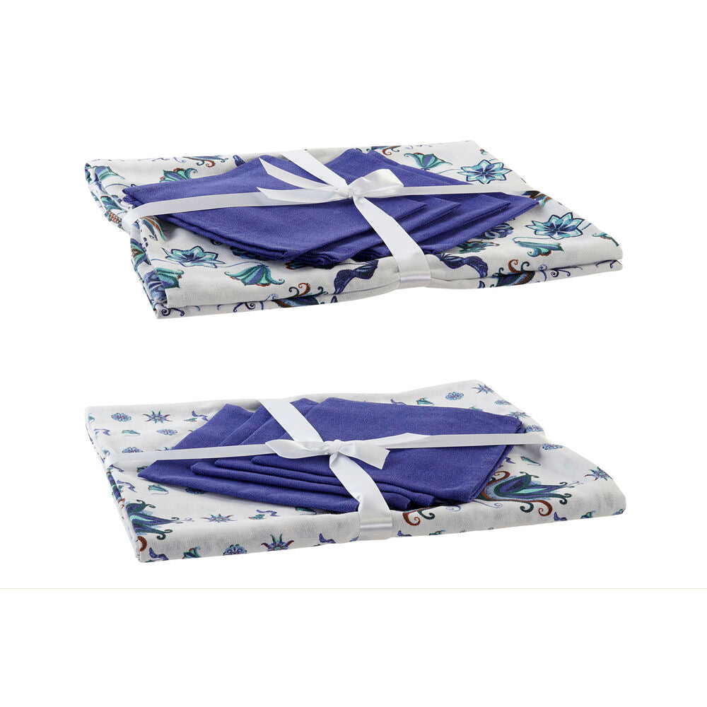 Tablecloth and napkins DKD Home Decor Blue Cotton White (150 x 150 x 0.5 cm) (36 x 35 x 0.5 cm) (2 pcs)