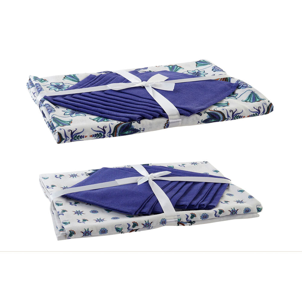 Tablecloth and napkins DKD Home Decor Blue Cotton White (25 x 26 x 0.5 cm) (150 x 250 x 0.5 cm) (2 pcs)