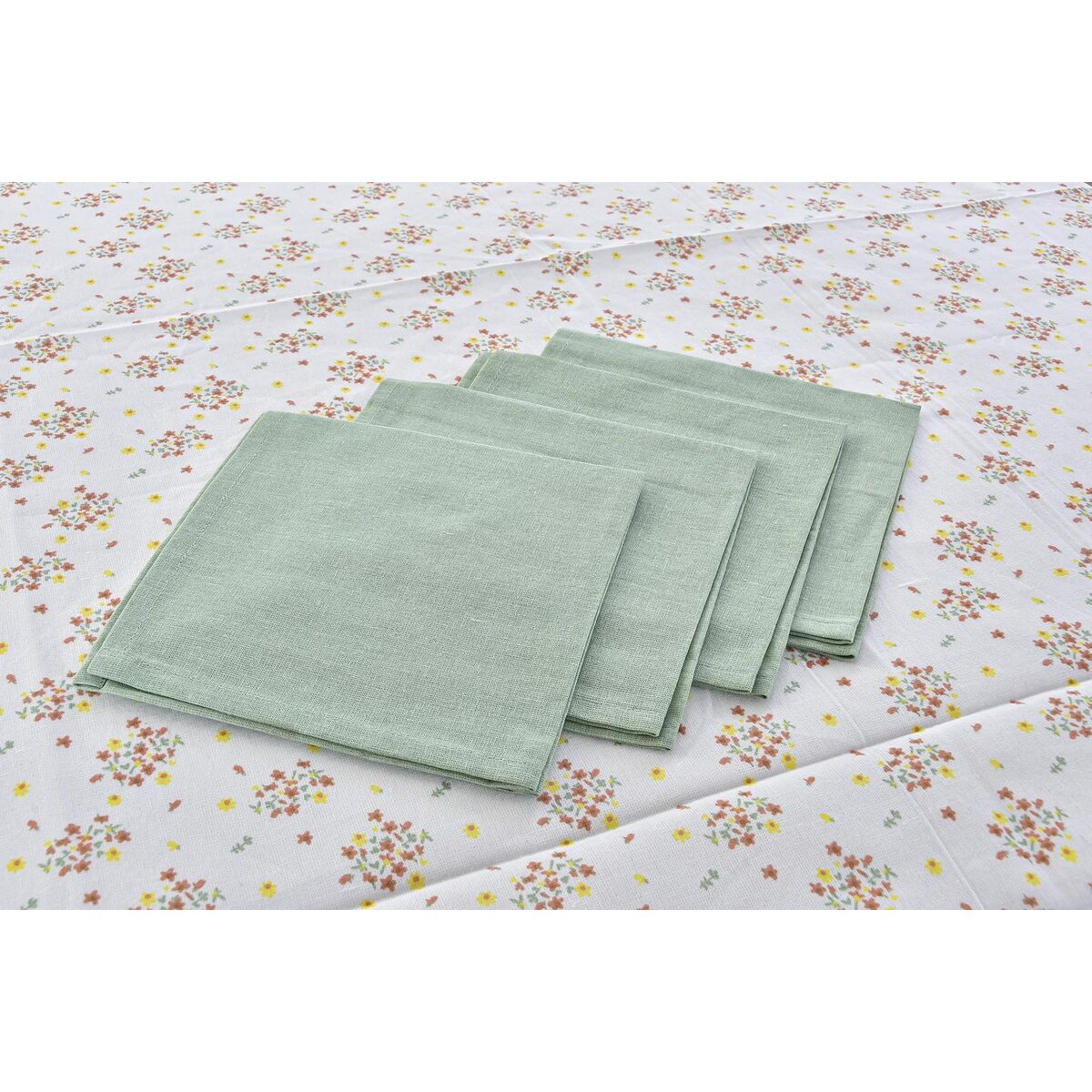 Table linen set DKD Home Decor Flowers Polyester Cotton Green (150 x 150 x 0.5 cm)