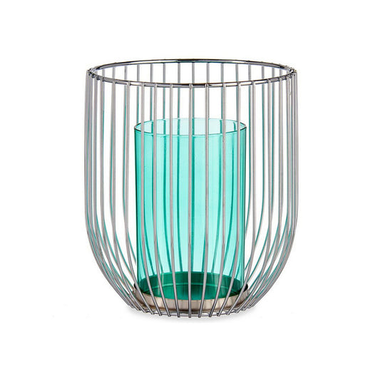 Candle Holder Silver Blue Cage Metal Glass