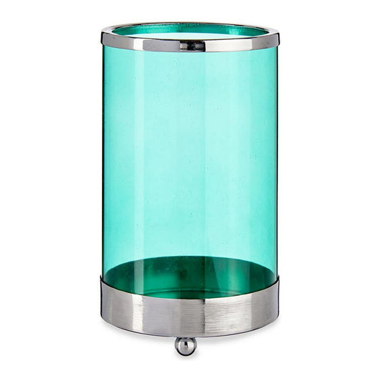 Castiçal prata azul cilindro metal vidro