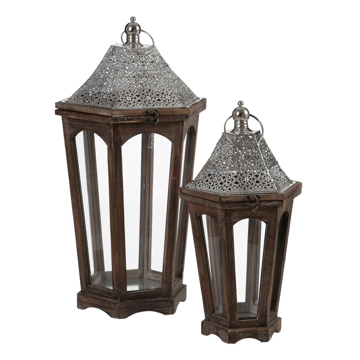 Lantern 32 x 28 x 60 cm Candle holder Brown Silver Fir wood (2 Units)